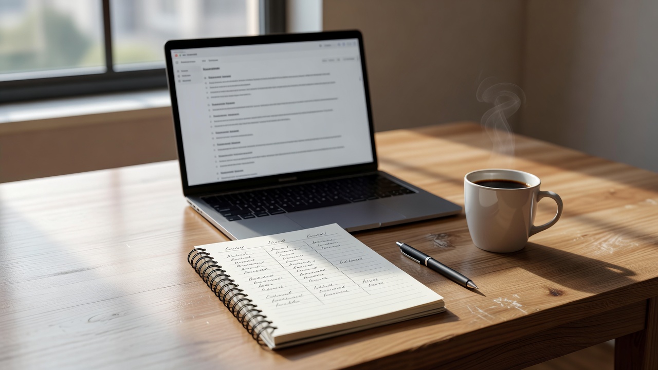 书桌上摊开的笔记本与笔记本电脑，页面上是手写的对比表格与信息条目